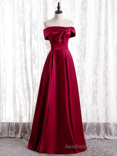 Burgundy Satin Off the Shoulder Pearls Prom Dress